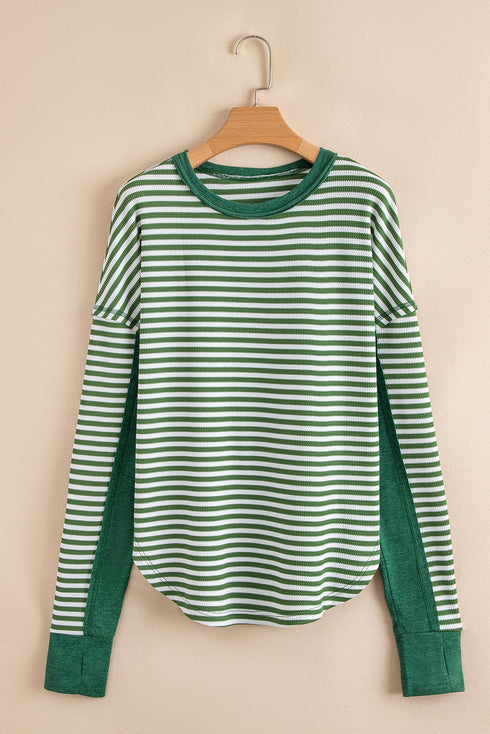 Ribbed Thermal Stripe Drop Shoulder Exposed Seam Patchwork Long Sleeve Top